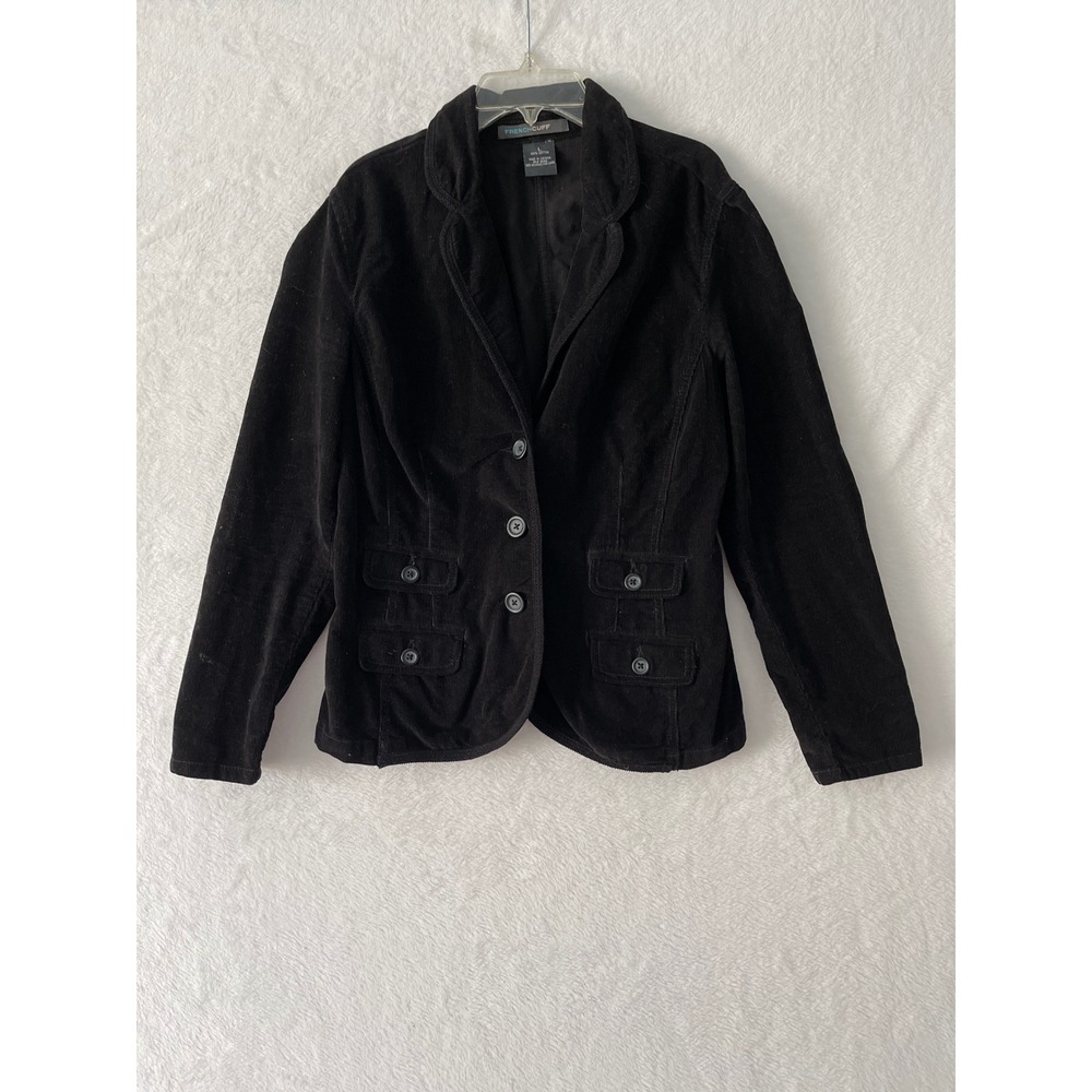 French Cuff Womens Black Corduroy Blazer Jacket Cotton Sz Lg Utility Military